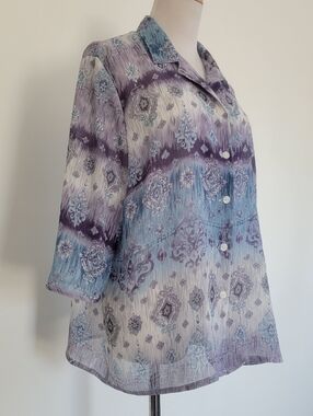 Alfred Dunner Sheer Light Blue Purple Boho Button Up Blouse ¾ Sleeve Top Sz 18P
